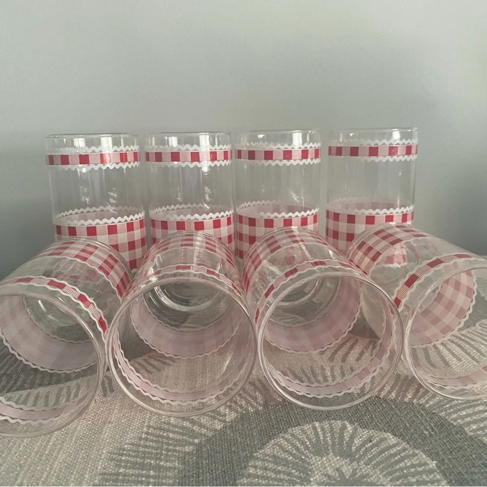 Libbey Red Gingham Pattern Tumblers Farmhouse Cottage Core 12 oz Set of 8